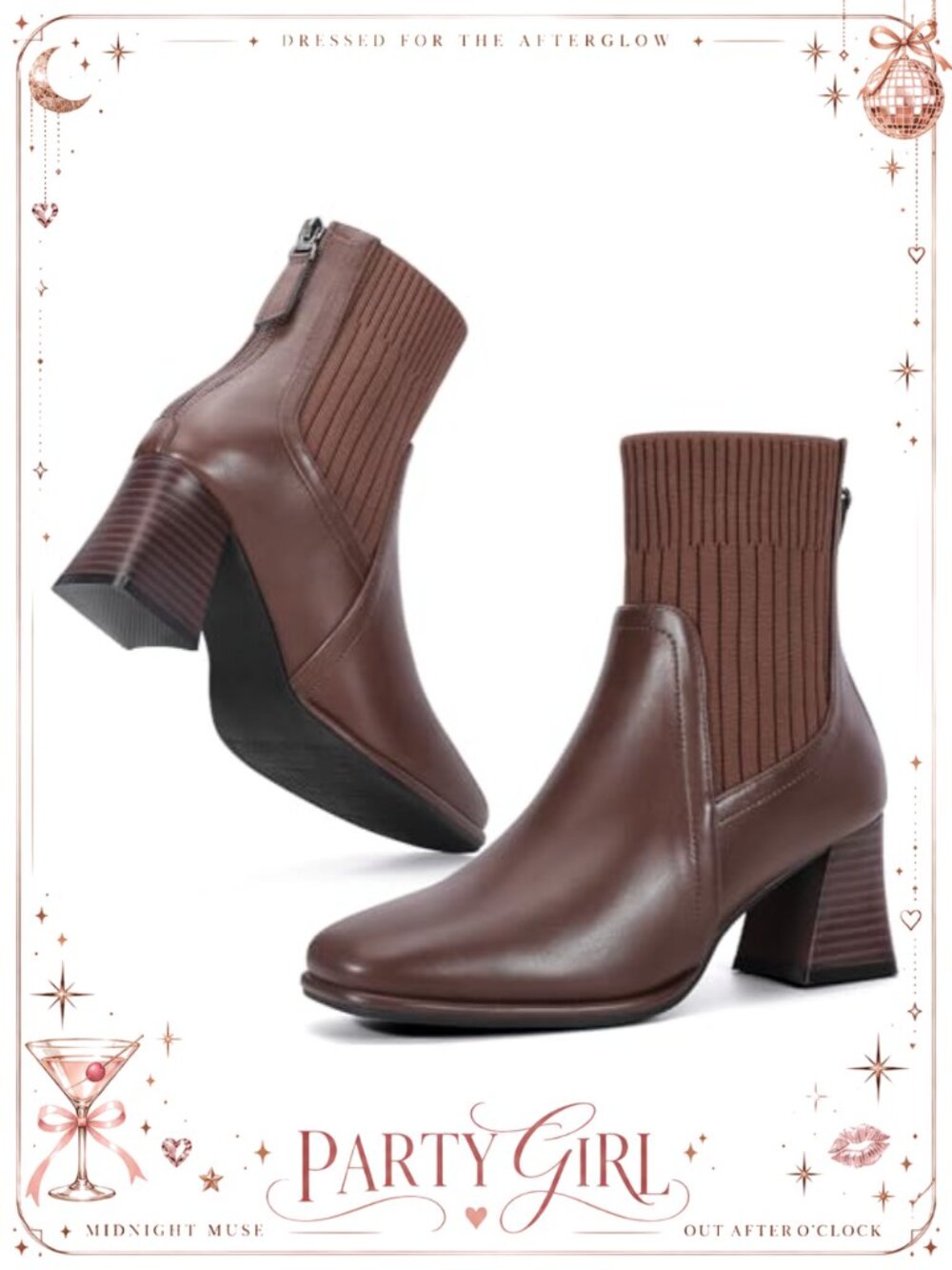 Square Toe Chelsea Ankle Boots Block Heel Faux Leather Mid Calf Booties